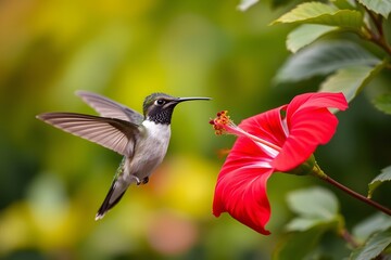 Fototapeta premium Hummingbird Hovering Near a Red Hibiscus Flower