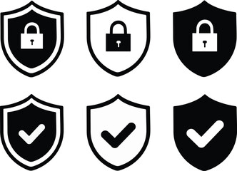 set of shield icons, shield black and white icon set, safety shield icon set, armor sign icon, shield label classic button icon, protection shield vector illustration, Security shield vector,