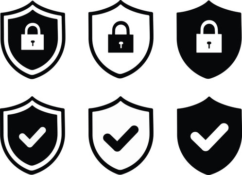 set of shield icons, shield black and white icon set, safety shield icon set, armor sign icon, shield label classic button icon, protection shield vector illustration, Security shield vector,
