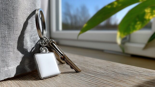 Blank key tag on a wooden surface