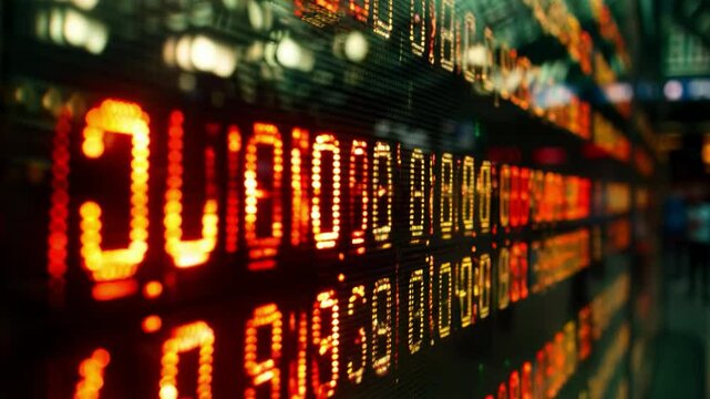 Digital display board shows stock market data with red/orange colors indicating market decline. Dark backdrop enhances readability of numbers/letters.
