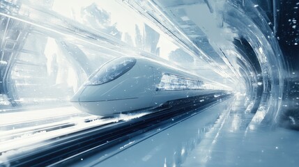 Obraz premium Futuristic High-Speed Train in Snowy Tunnel, Speed and Technology Concept
