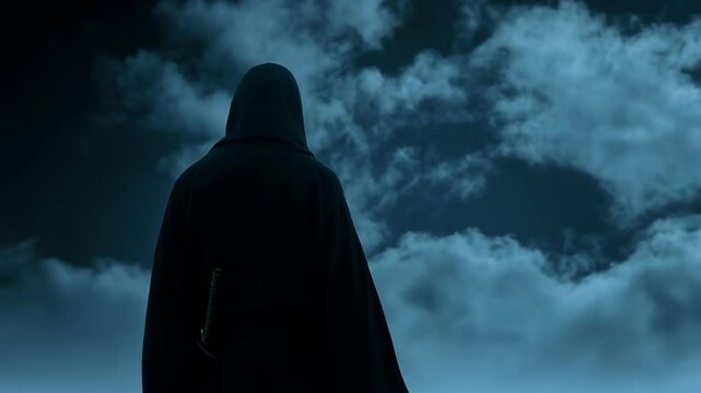 Silhouette of hooded figure holding sword standing in field under moonlight, cloudy sky above, mystery and intrigue in fantasy landscape, night scene
