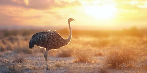 an ostrich standing in a field of sand as the sun goes down 