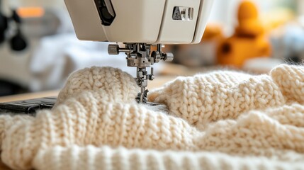 Close-up of sewing machine stitching knitted fabric