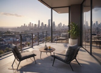 Sleek modern apartment with balcony overlooking city  ,  balcony,  elegant,  open plan