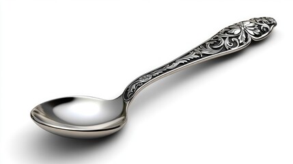 Photorealistic image of a silver-plated sugar tongs with detailed engravings, isolated on an absolutely white background.