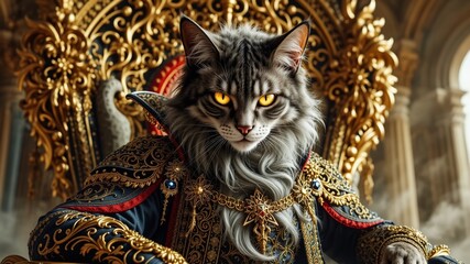 Regal Feline on Luxurious Throne - Majestic Cat Art