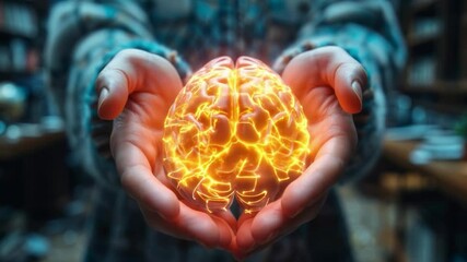 Person holds a glowing artificial brain, intricate design emphasized. Blurred background suggests focus on brain model. Theme of creativity and scientific exploration highlighted.
