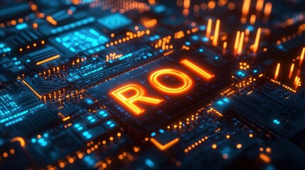 Futuristic Technology with ROI Concept Illuminated on Circuit Board with Glowing Blue and Orange Lights