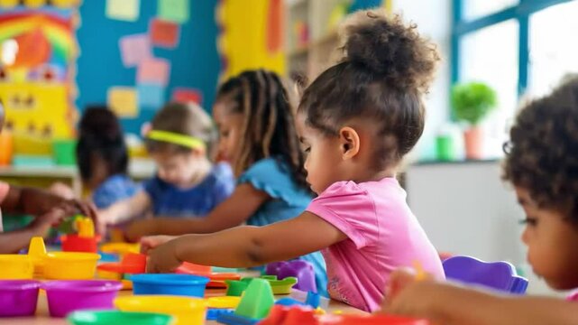 Diverse group of children at daycare playing with educational toys; girl with locks/bun stands out. Scene depicts fun and learning in a vibrant, racially mixed environment.
