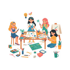 Colorful flat-style illustration of children engaged in arts and crafts activities like drawing and cutting paper. Perfect for creative education materials.