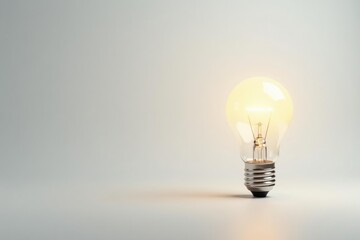 Single lightbulb glowing intensely on pure white backdrop, single, bright