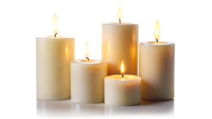 Set of pillar candles with flames