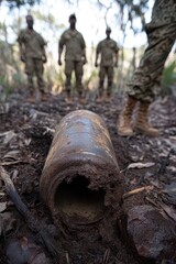 Fototapeta premium Military personnel examining unearthed ordnance