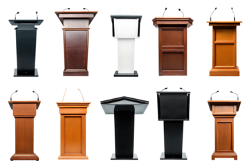 speech stand and microphone - Podium set - lectern collection - various colors, shapes and materials isolated on white background PNG