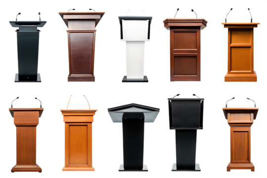 speech stand and microphone - Podium set - lectern collection - various colors, shapes and materials isolated on white background PNG - Powered by Adobe
