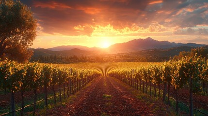 Vineyard at sunset, golden light over rows of grapes