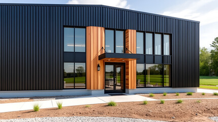 Modern mass timber 1 story office building with black ribbed architectural metal panels, staggered floor to ceiling windows with sleek entry. Setting: In the hills of the Mississippi coulee region Mi
