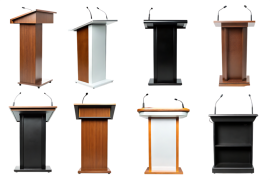 speech stand and microphone - Podium set - lectern collection - various colors, shapes and materials isolated on white background PNG