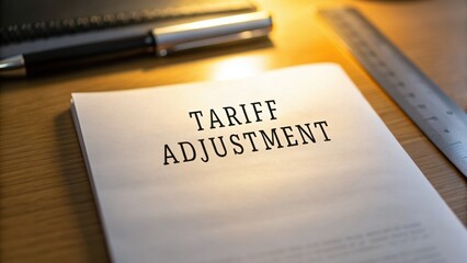 Tariffs and diplomacy shape trade agreements concept. Document on tariff adjustment with pen and ruler on wooden desk.