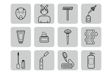 Diverse collection of beauty icons in line art style, showcasing various skincare products and tools. Items for facial care, cleansing, and application