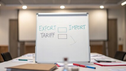 Tariffs and diplomacy shape trade agreements concept. Whiteboard with export and import tariff concepts at a business meeting table.