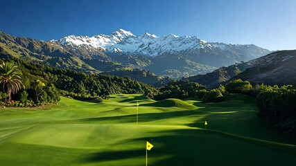 Scenic golf course with mountains and lush greenery.