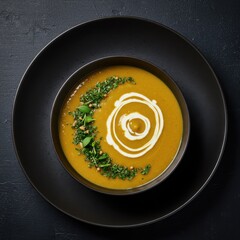 Gourmet Autumn Pumpkin Soup Creamy Delight:  Aromatic Spices and Fresh Herbs Garnish