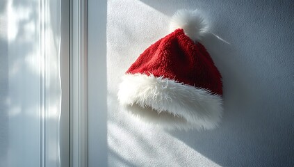 Fototapeta premium A red and white plush Christmas hat hanging on the wall