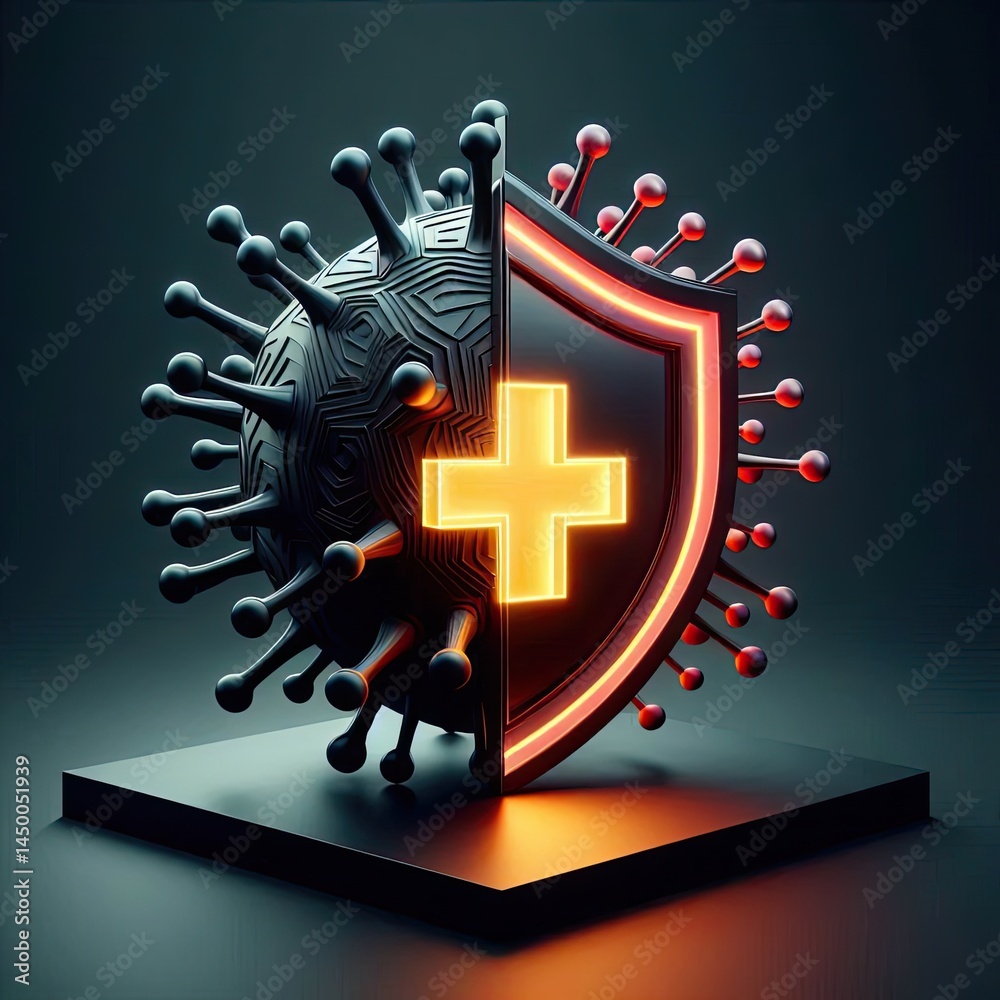 Poster photorealistic 3d render showing a stark contrast between dark, sharp, angular abstract forms repres