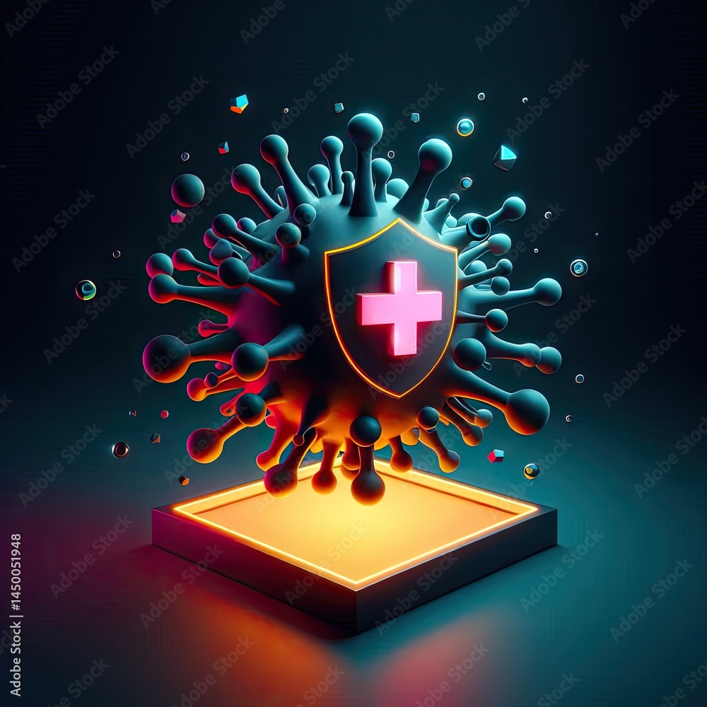 Poster photorealistic 3d render showing a stark contrast between dark, sharp, angular abstract forms repres