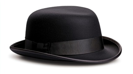 Studio shot of a black bowler hat with a curved brim, isolated on an ideal white background.