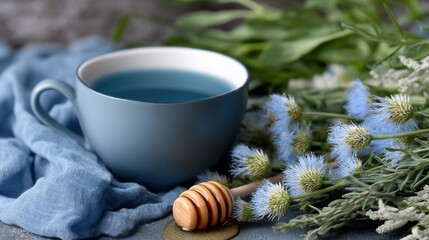 Blue herbal tea cup with honey dipper and wildflowers