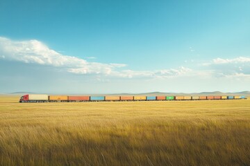 Container trucks traverse vast golden fields under a clear blue sky, Container trucks roam the endless fields Their trucks are a symbol of connectivity in the vast space