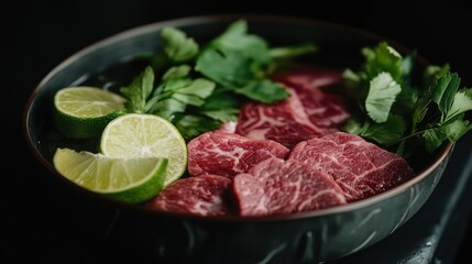 Fototapeta premium Sliced Beef with Lime and Cilantro in a Bowl