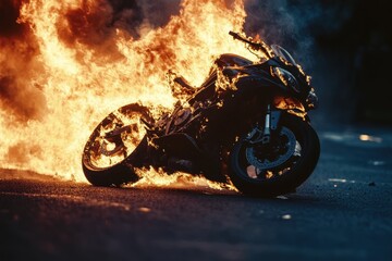Burning motorbike accident on city street causes emergency response and traffic disruption, burning motorbike on street by accident Photo stocking seamless background