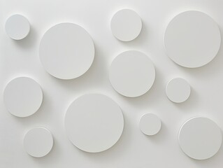 Large flat circles of varying sizes arranged in an orderly fashion on a pristine white background, with smooth edges resembling matte plastic or metal. Ideal for wall installation or graphic art
