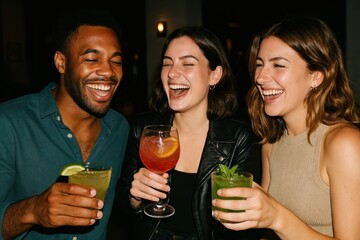 Friends enjoying colorful cocktails.