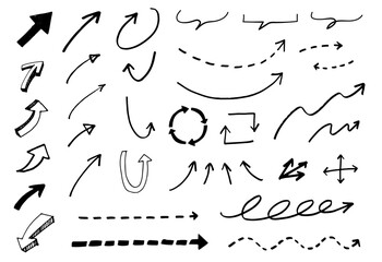 手書きの矢印セット。色んな種類のカーソル。ベクターイラスト。