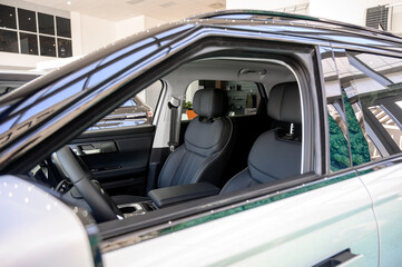 Interior of a modern car with black leather seats