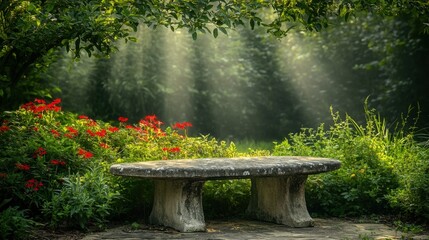 Peaceful garden corner with a weathered stone bench, wildflowers, and sunlight breaking through the trees