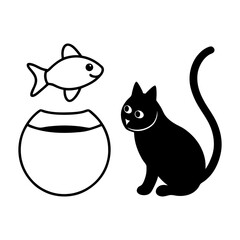 Cat and Goldfish in Bowl Curious Pose Black Line Art