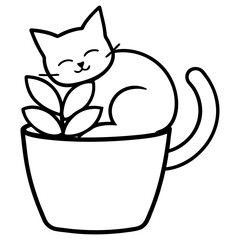 Cat Sleeping in a Flower Pot Whimsical Line Art