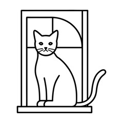 Cat Sitting on Window Sill Line Art Vector Style