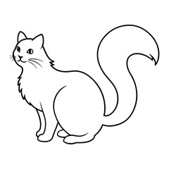 Outlined Fluffy Cat with Curled Tail Line Drawing