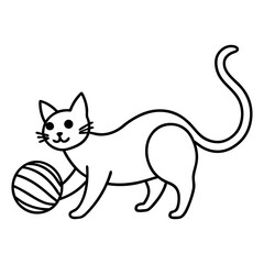 Playful Cat with Yarn Ball Black Line Art