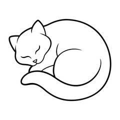 Curled Up Sleeping Cat Black and White Line Drawing