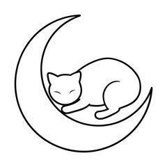Dreamy Sleeping Cat on Crescent Moon Line Art