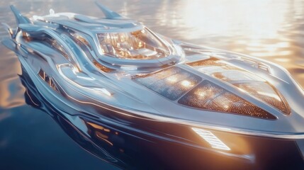 Fototapeta premium Futuristic Luxury Yacht at Golden Hour: Sleek Design, Water Reflection